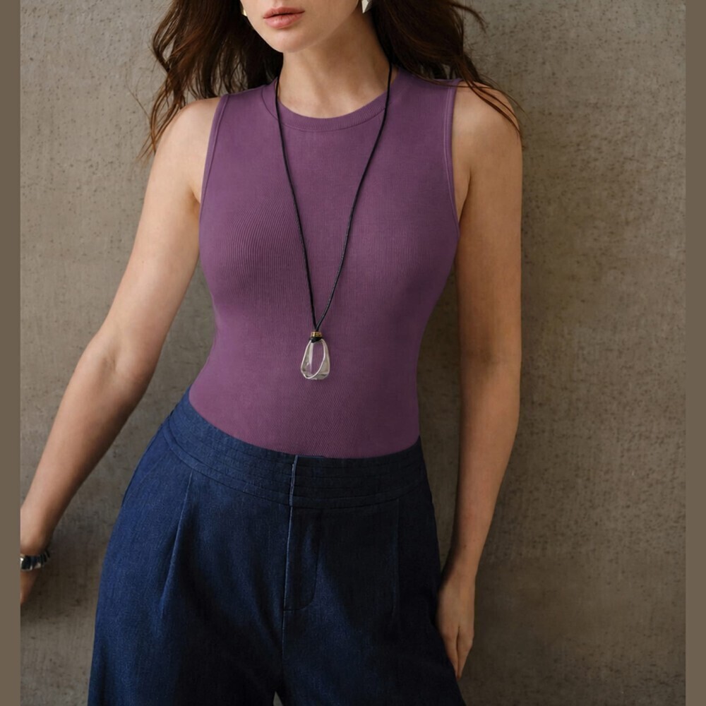 Purple Ribbed Knit Round Neck Slim Fit Tank Top